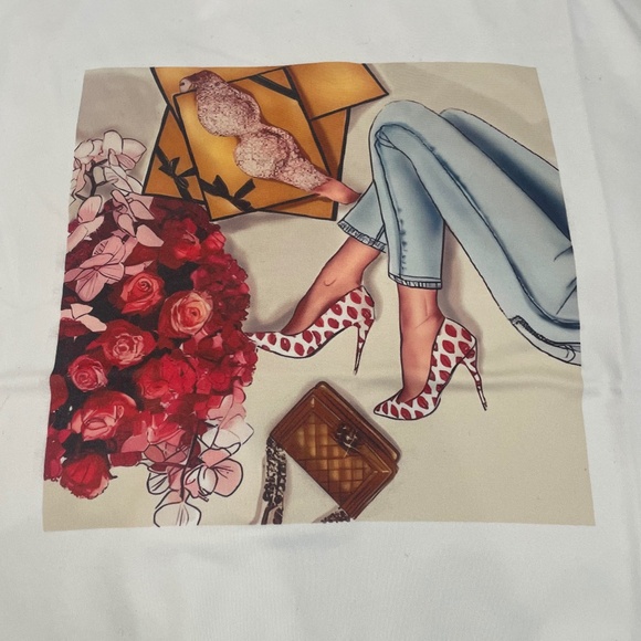 2/$50 Trendy Graphic Tee with Heels & Roses Print Casual White Trendy T-Shirt - Picture 6 of 6